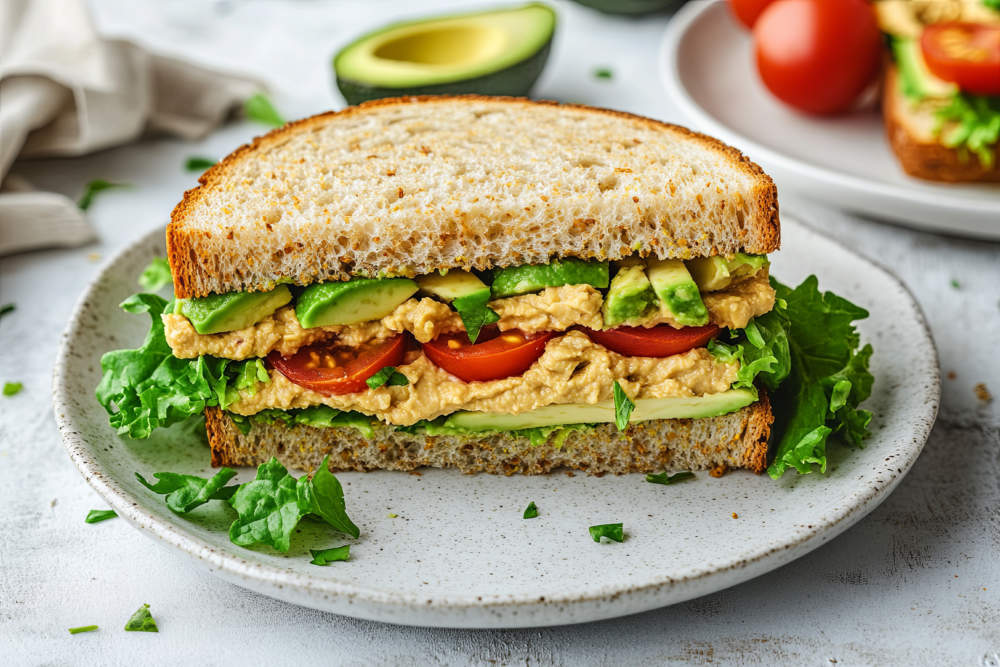 Vegan Sandwich With Avocado, Tomatoes, Lettuce, And Hummus Cut In Half On A White Plate