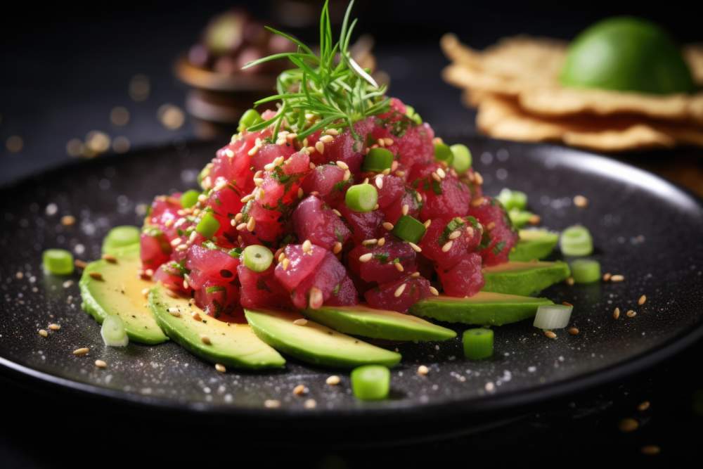 Fresh And Healthy Tuna Tartare With Avocado And Sesame Close Up