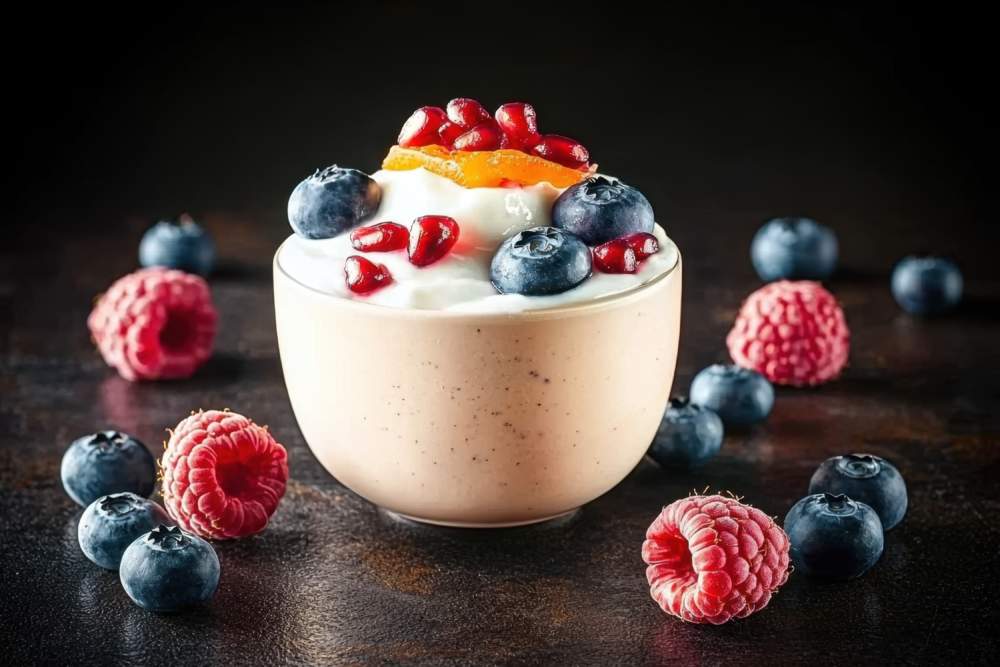 Healthy Plant Based Smoothie Ingredients And Recipe Concept. Delicious Yogurt Topped With Berries And Orange Slices In A Bowl