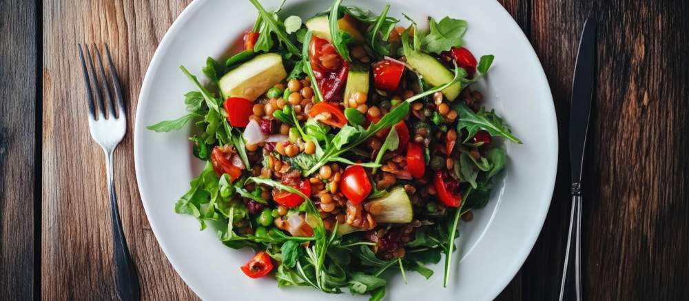 Vibrant Salad With Lentils And Crisp Vegetables On A White Plate Arranged Centrally With Green Arugula And Colorful Ingredients Against A Wooden Background