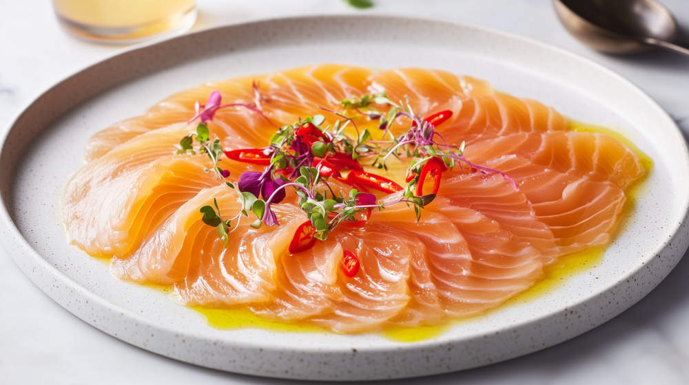 Thinly Sliced Salmon Tiradito With Chili And Microgreens For Restaurant Menus, Food Blogs, And Gourmet Cuisine Promotions