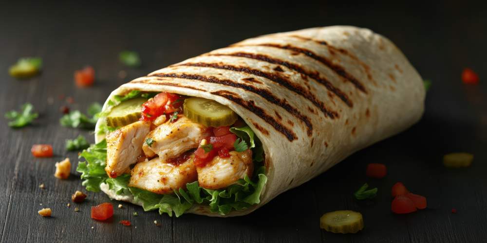 Grilled Chicken Wrap Filled With Fresh Vegetables And Pickles Served On A Dark Wooden Table