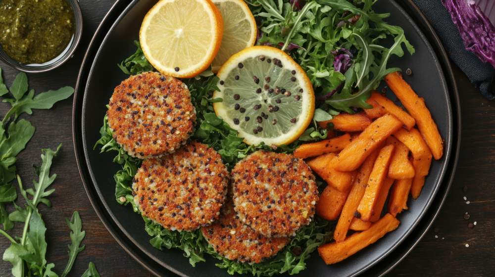 Healthy Quinoa Patties, Sweet Potato Fries, Salad, Citrus; Dark Wood Background; Restaurant Menu