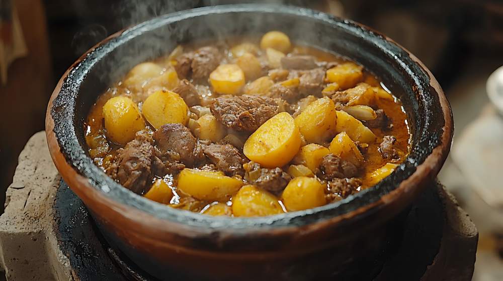 Steaming Lamb Stew, Clay Pot, Rustic Kitchen
