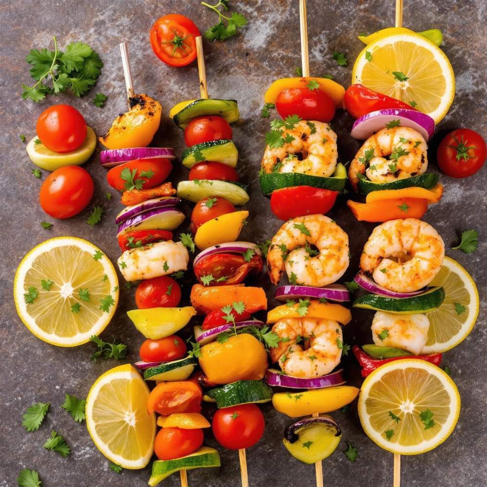 A Plate Of Skewers With Vegetables And Shrimp And A Lemon Wedge