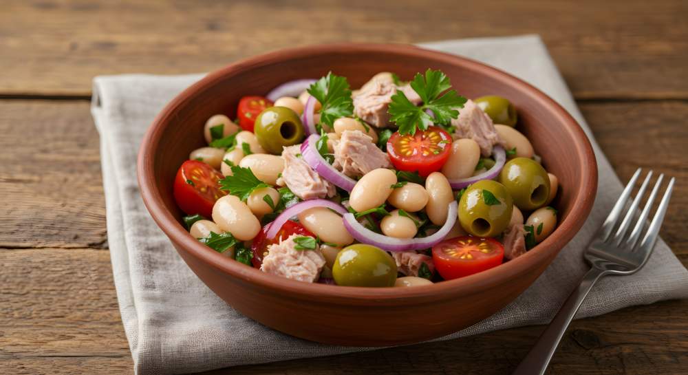 Bean Salad With Tuna, Olives, Onions And Tomatoes Served In A Pottery Bowl On Wooden Table.