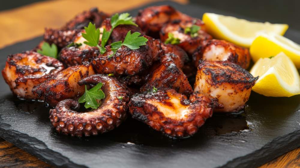 Enjoy Succulent Grilled Octopus Beautifully Arranged On A Matte Black Plate With Lemon Wedges And Fresh Herbs, Illuminated By Warm Light For Added Texture