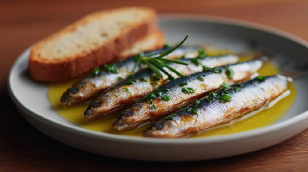 Plate Of Grilled Sardines On A Wooden Table. The Plate Is White And Round, And There Is A Slice Of Toasted Bread On The Side.