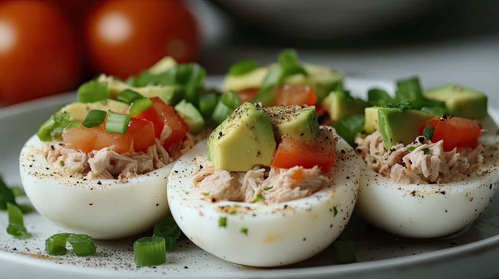 Deviled Eggs With Tuna Salad Avocado And Tomato Garnish On A Plate Close Up Food Photography
