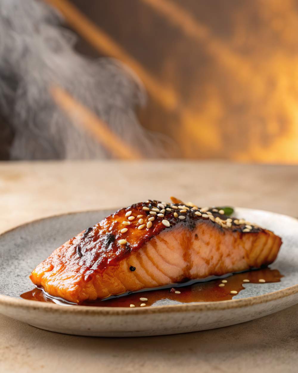 Glazed Salmon Fillet Topped With Sesame Seeds, Served On A Rustic Ceramic Plate With A Warm, Golden Background.