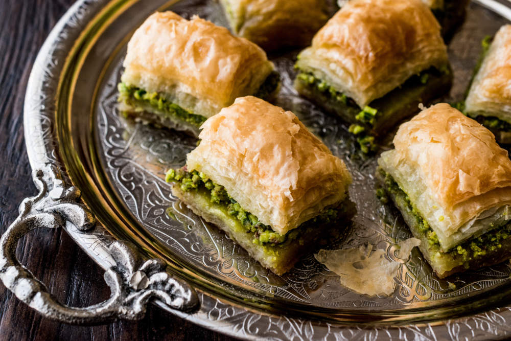 Turkish Dessert Baklava With Pistachio On Silver Tray.