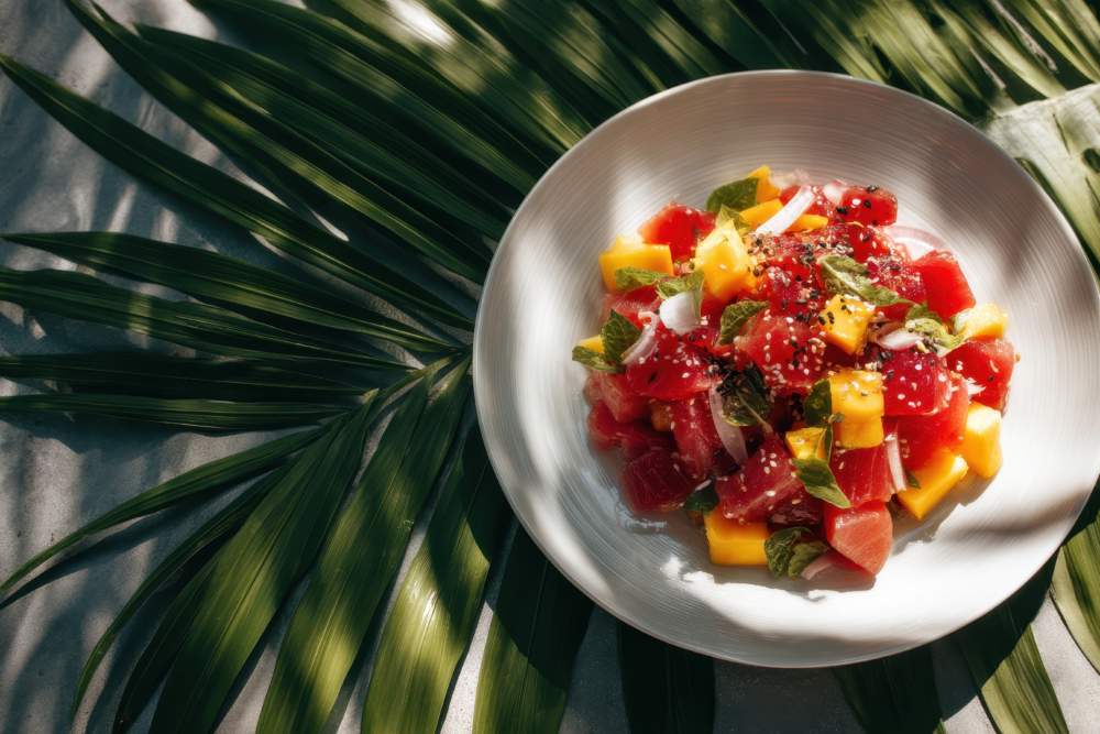 Tropical Mango Salad With Tuna On A White Plate Resting On A Monstera Leaf