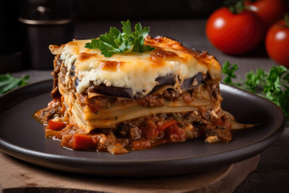 A Savory And Flavorful Greek Cuisine Dish, This Moussaka Features Creamy Layers Of Eggplant, Potatoes, And Seasoned Ground Meat, Topped With A Golden Brown Crust And Garnished With Fresh Herbs