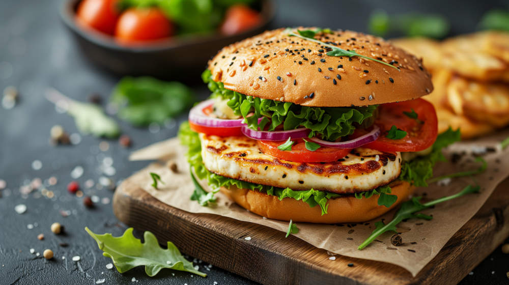 Vegetarian Burger With Grilled Halloumi Cheese, Fresh Lettuce, Tomato, And Onion On A Rustic Table. Lunch Banner With Copy Space, Showcasing A Delicious And Hearty Meat Free Option.