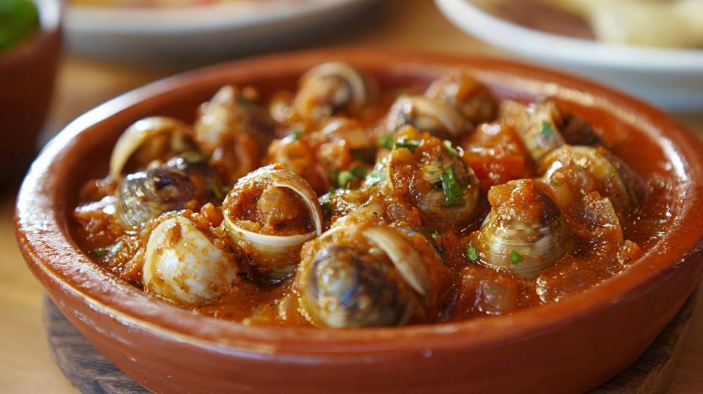 A Plate Of Caracoles A La Madrileña, Madrid Style Snails In A Rich Tomato Sauce, Served In A Traditional Clay Dish