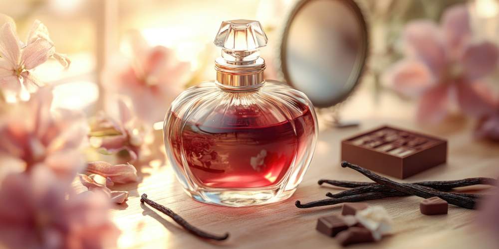 A Glass Perfume Bottle With Dark Red Liquid Sits Amidst Pink Blossoms, Vanilla Beans, And Chocolate Pieces On A Sunlit Table, Near A Vanity Mirror