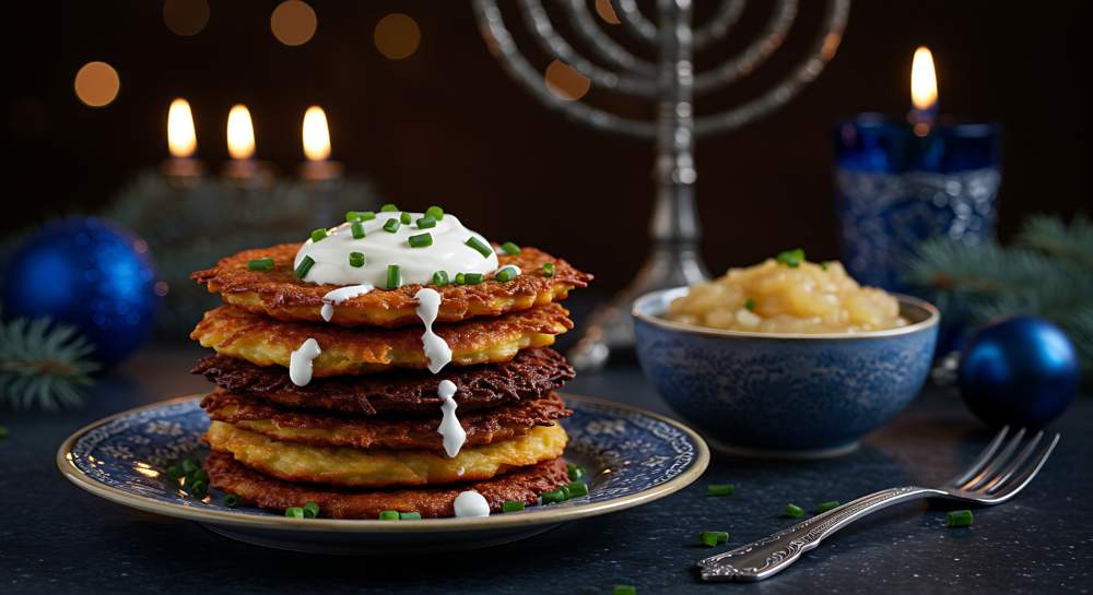 Golden Latkes Drizzled With Sour Cream And Chives, Alongside A Bowl Of Applesauce, Set On A Dark, Elegant Hanukkah Themed Table. A Lit Menorah And Blue/silver Accents Complete The Scene.
