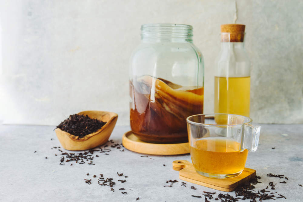 Healthy Homemade Fermented Raw Kombucha Tea, With Natural Probiotic Characteristics.