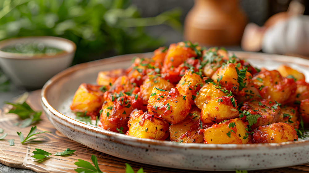 Photo Realistic Concept Of Glossy Patatas Bravas Plate Crispy Potatoes In Spicy Tomato Sauce On White Plate, Garnished With Parsley For Luxurious Appetizer Stock Photo Concept