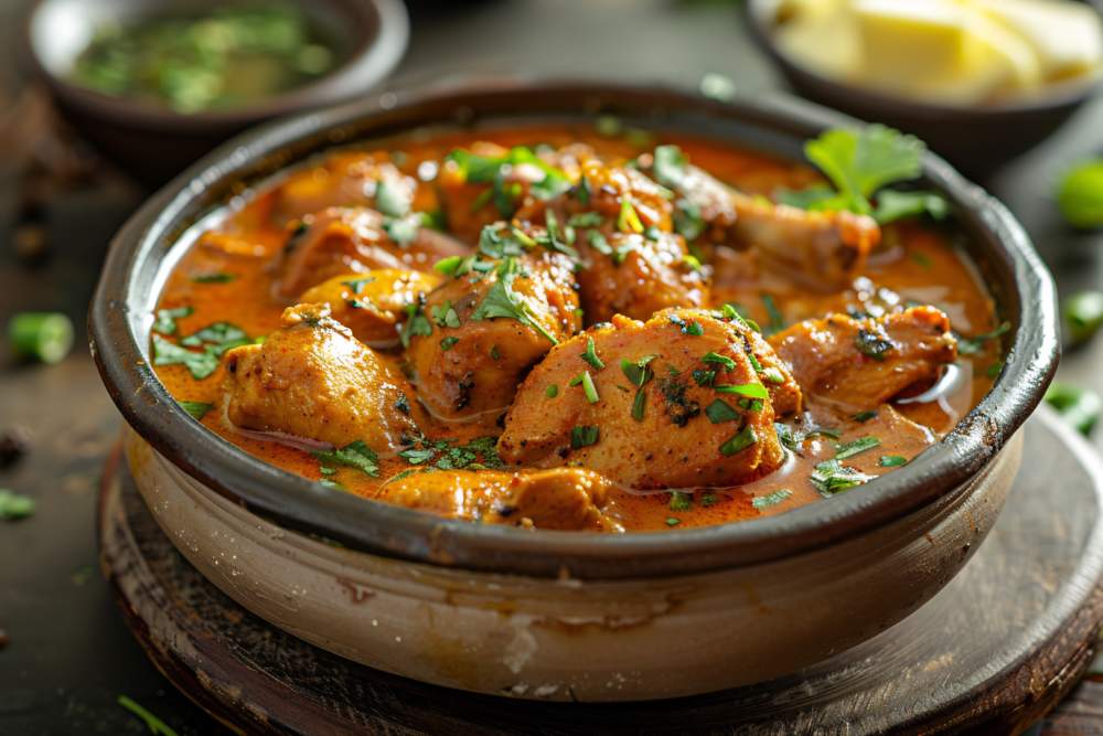 Chicken Handi Creamy Boneless Curry Served In White Clay Bowl, Julienned Ginger And Butter