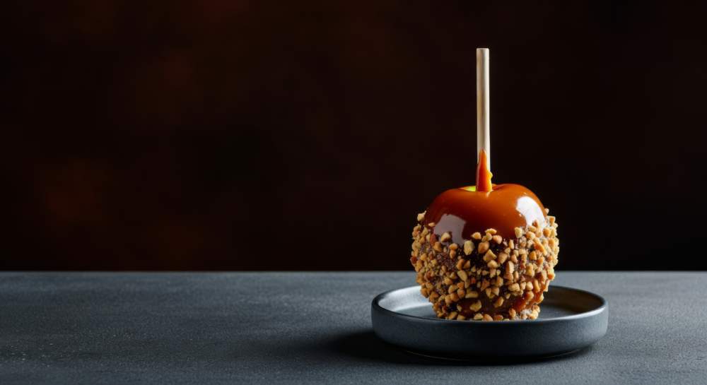 Delicious Caramel Apple With Nuts On Dark Plate Against Black Background
