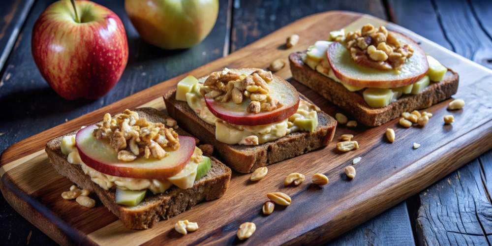 Three Apple And Peanut Butter Sandwiches On A Wooden Board With A Whole Apple Off To The Side