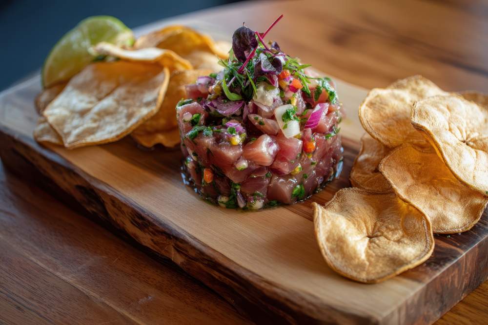 Polynesian Raw Fish Salad From Samoa Called Kokoda Poke Ceviche Or Poisson Cru Served With Taro Chips In A Restaurant