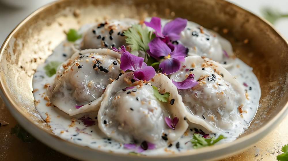 Taro Taco With Coconut Milk Is A Thai Dessert In A Plate On A Golden Background