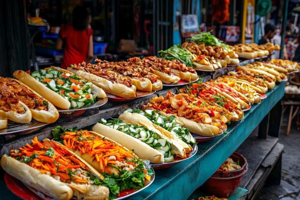 Vietnamese Banh Mi Stalls Lining A Street In Hanoi, With Freshly Baked Baguettes Filled With Vibrant Pickled Vegetables And Grilled Pork