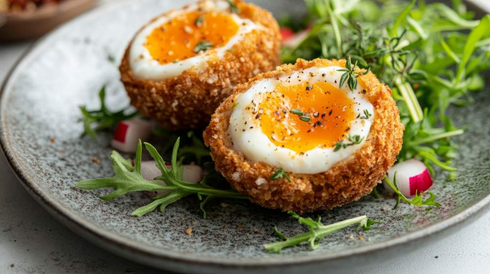 Two Perfectly Cooked Scotch Eggs Rest On A Bed Of Fresh Salad Greens, Garnished With Herbs, Served On A Rustic Plate, Highlighting Culinary Artistry And Flavor.