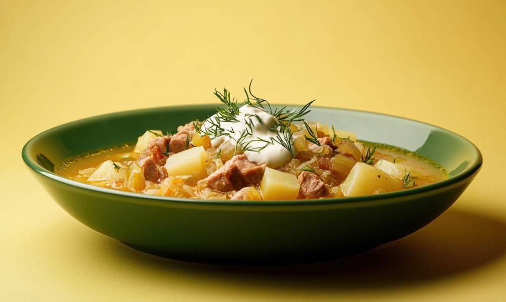 Traditional Russian Shchi Served With Sour Cream In A Smooth Olive Green Plate Against A Muted Yellow Background