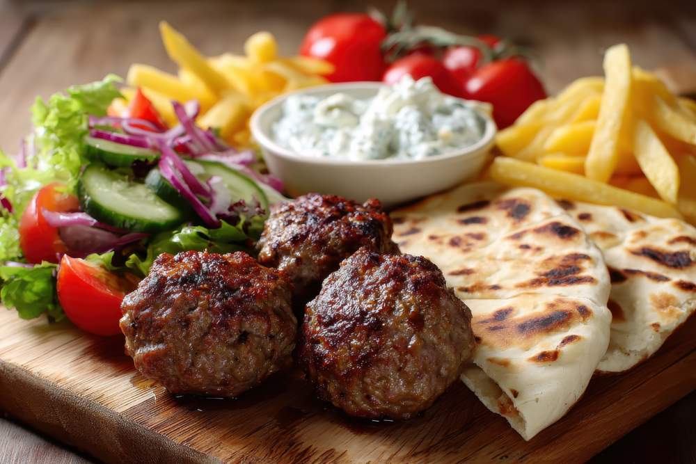 Spicy Meatballs Made From Minced Beef And Lamb Served With Pita Tzatziki Salad And Fries Known As Keftedes Or Keftedakia