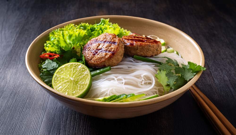 Bowl Of Bun Cha A Vietnamese Dish Consisting Of Grilled Pork Patties Vermicelli Noodles Fresh Herbs Lettuce