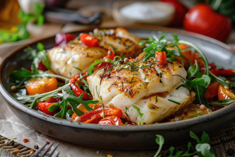 Warm Salad Featuring Cod Or Grilled Salmon Loin, Roasted Bell Peppers, Cherry Tomatoes, And Microgreens