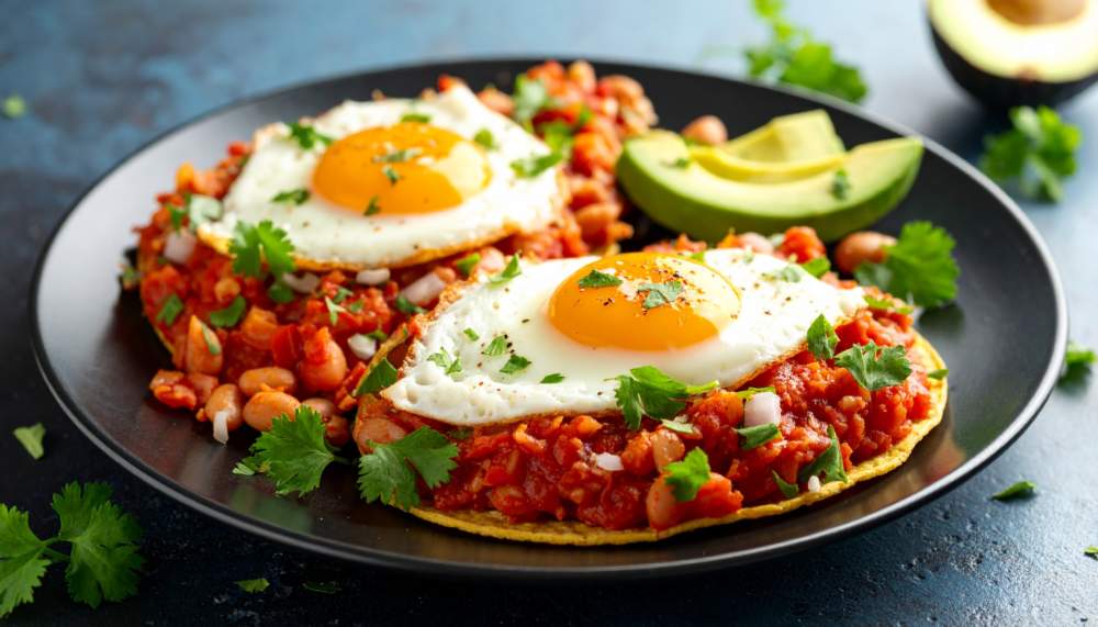 Arranging Huevos Rancheros With Salsa And Beans. Mexican Food Close Up