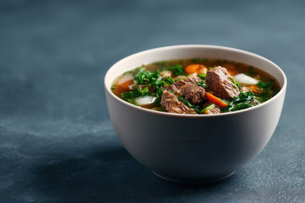 Hearty Beef Stew With Vegetables Served In White Bowl