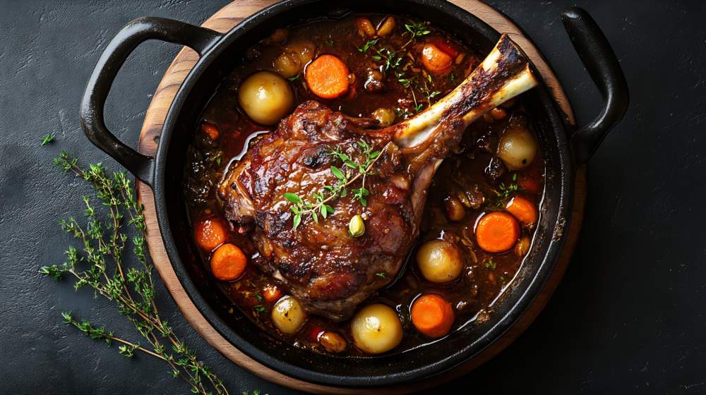 Modern Style Traditional Braised Slow Cooked Lamb Shank In Red Wine Sauce With Shallots And Carrots Offered As Top View In A Design Stewpot : Generative Ai
