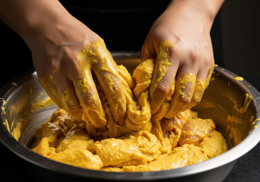 Chef's Hands Marinating Raw Chicken In Yellow Curry Marinade.