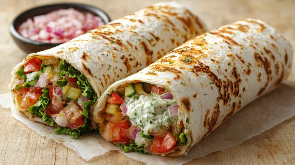 Burrito με μαρούλι, σαλάτα ντομάτας και γιαούρτι